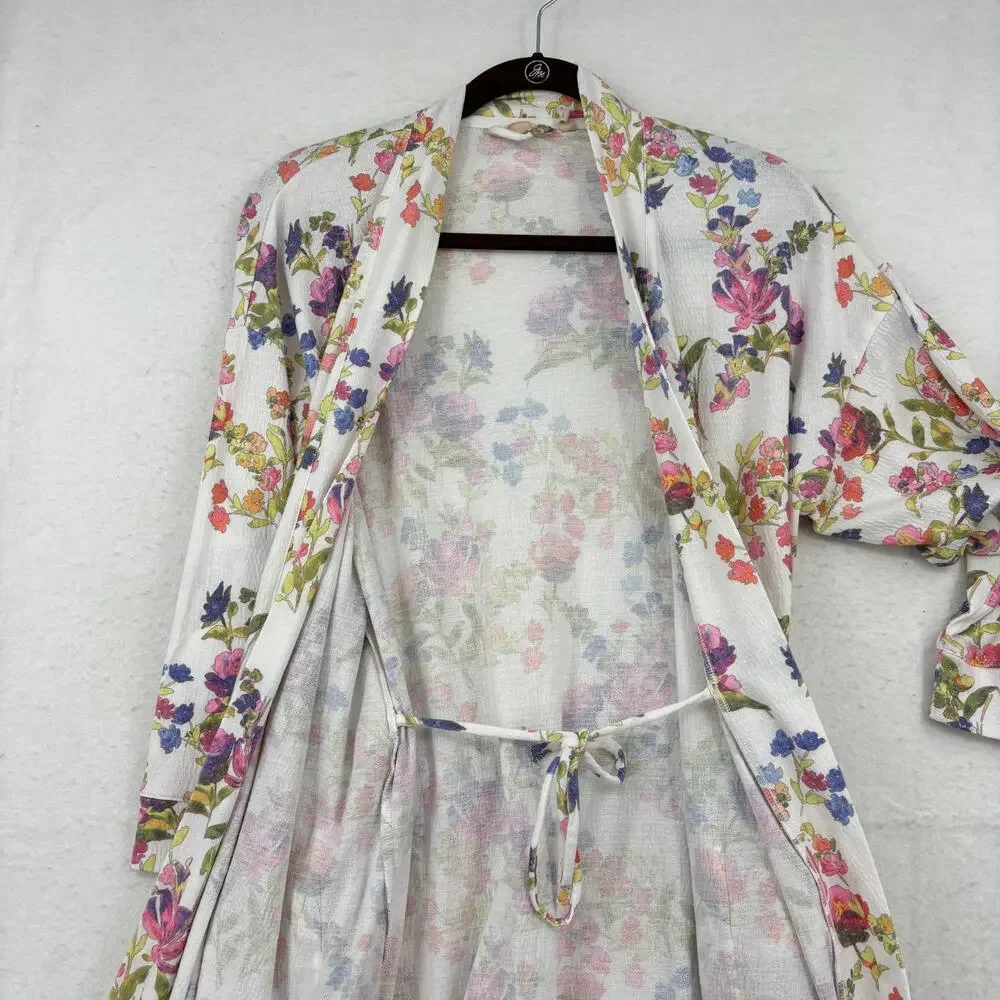 Soft Surroundings Bath Robe Size M White Multi Floral Belted Pockets Stretch - Picture 6 of 11